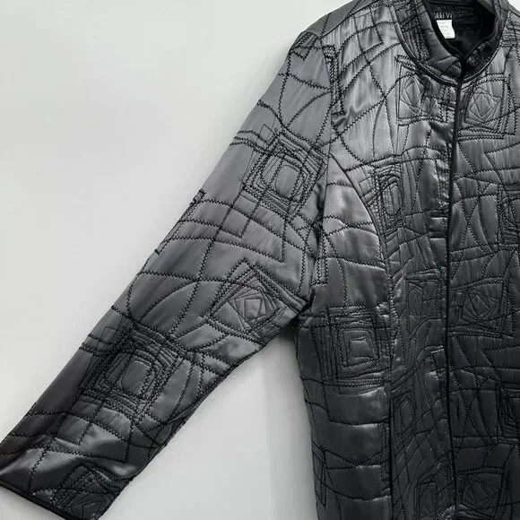 Vikki Vi Jacket Coat 100% Silk Plus Size 1X Reversible‎ Quilted Silver Black New